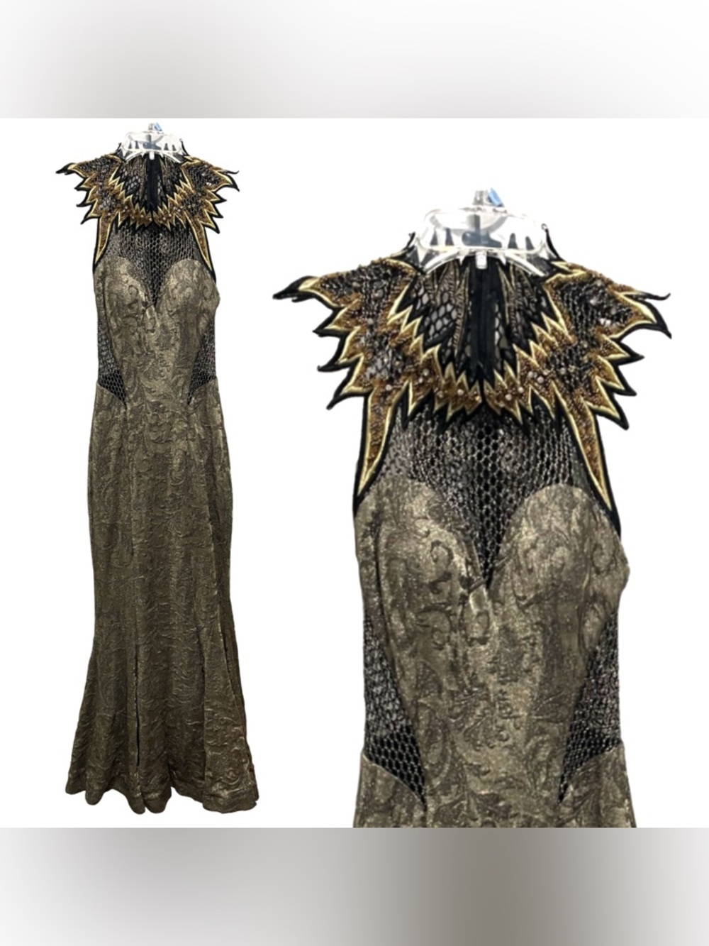 Fantasy Empress Streampunk Vampire Jacquard Brocade Gold Chain Sheer Dress S